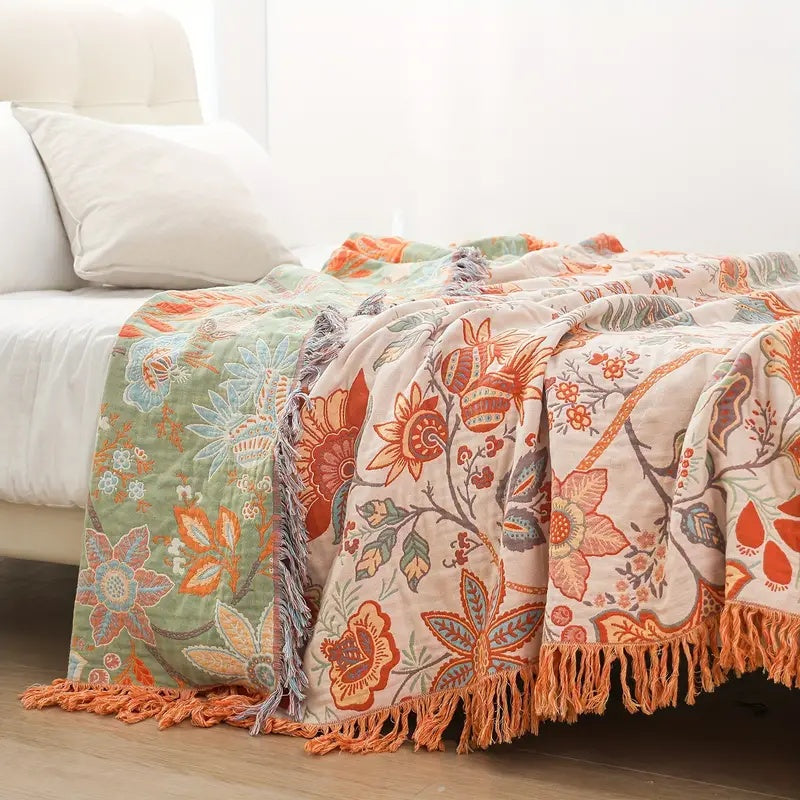 Bohemian Floral Patterned Blanket with Fringes