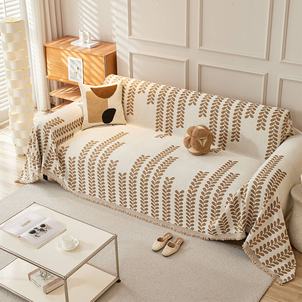 Sofa Cover with Leaf Patterns and Fringes – Elegance and Comfort
