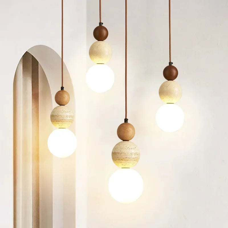 Suspension Pierre et Bois Style Bauhaus pour Chevet et Chambre LED