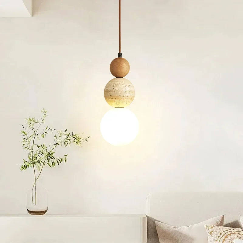 Suspension Pierre et Bois Style Bauhaus pour Chevet et Chambre LED