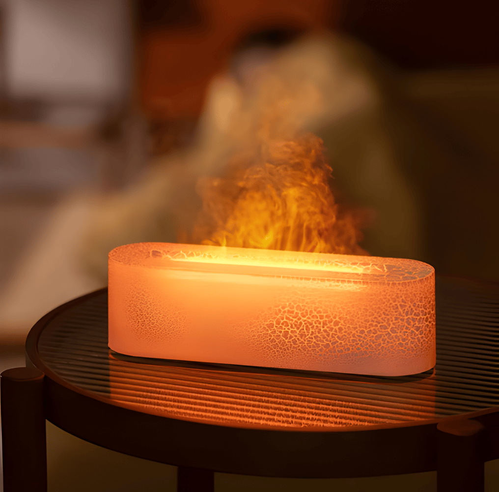 Lampe de table LED allumée sur un meuble en bois