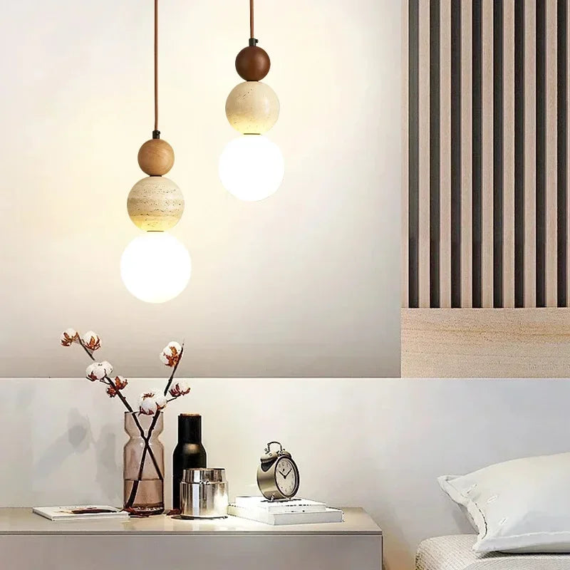 Suspension Pierre et Bois Style Bauhaus pour Chevet et Chambre LED