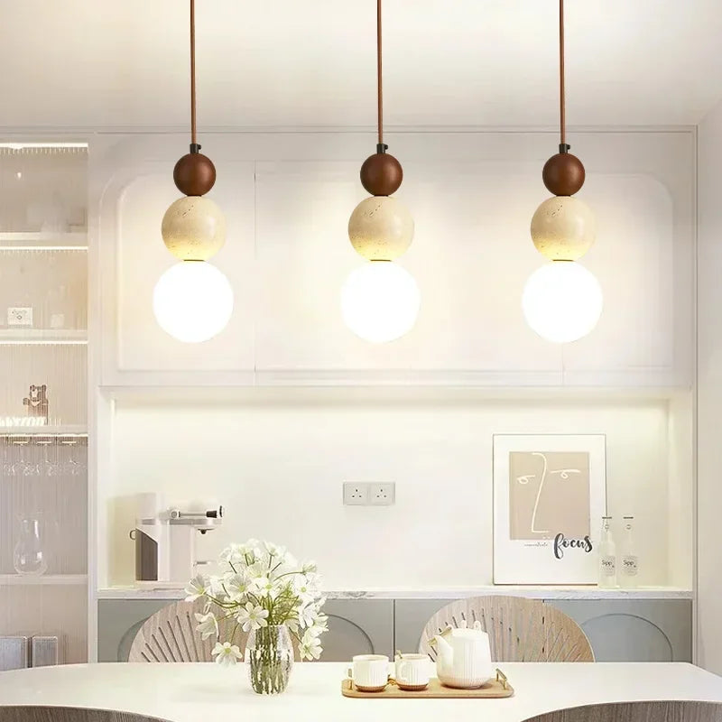 Suspension Pierre et Bois Style Bauhaus pour Chevet et Chambre LED