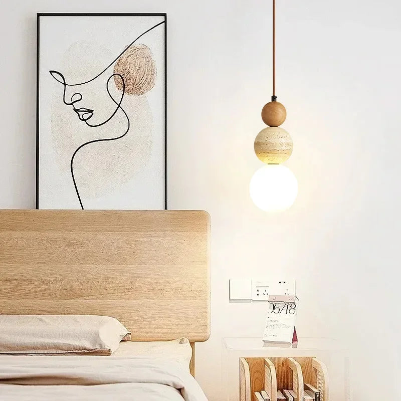 Suspension Pierre et Bois Style Bauhaus pour Chevet et Chambre LED